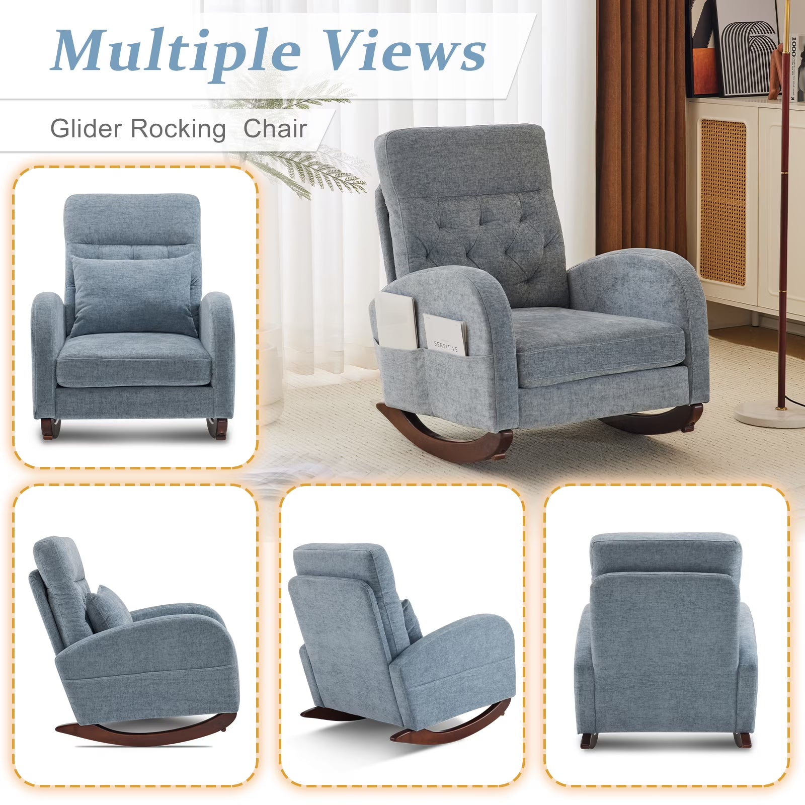 Solid Wood Lounge Chair with Side Pockets & Lumbar Pillow
