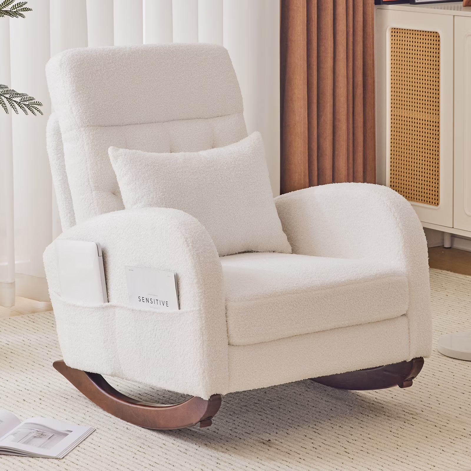 Solid wood frame lounge chair with high back and side pockets