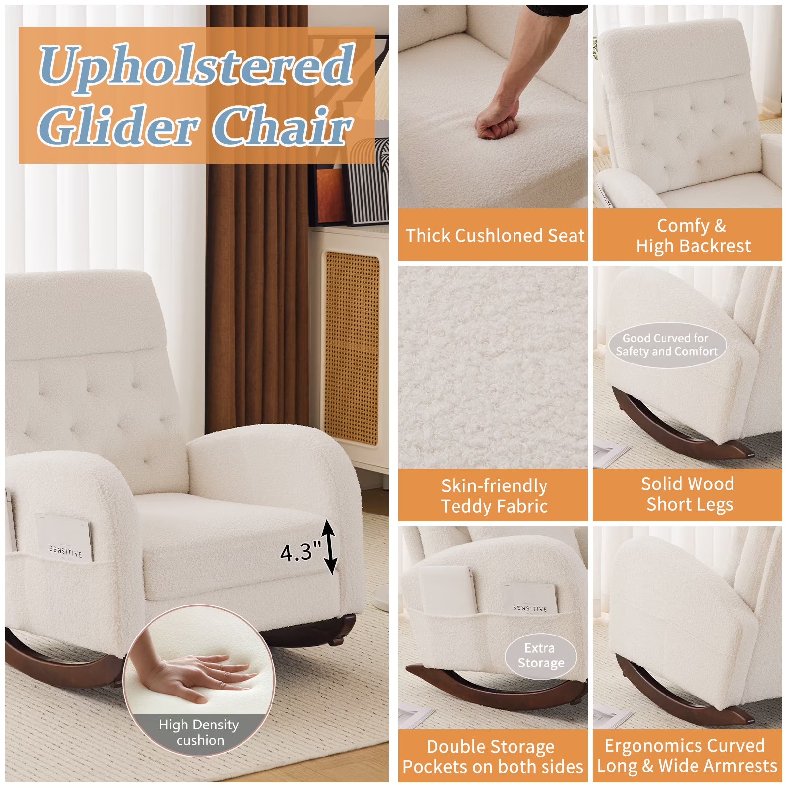 Solid Wood Lounge Chair with Side Pockets & Lumbar Pillow