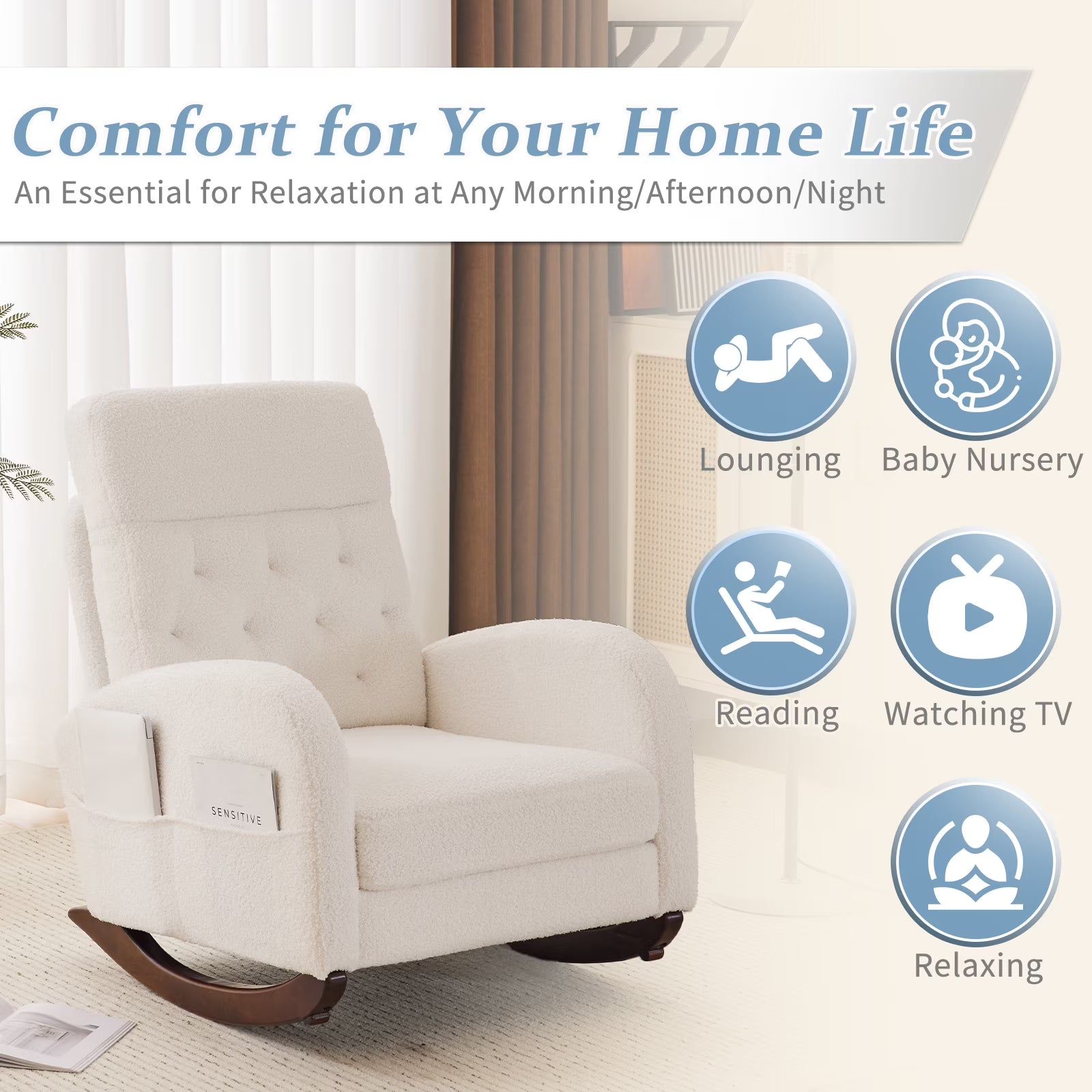 Solid Wood Lounge Chair with Side Pockets & Lumbar Pillow