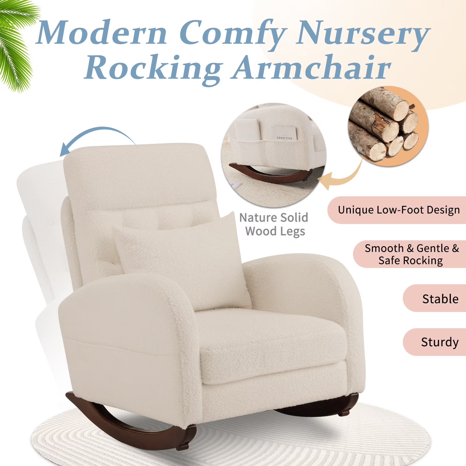 Solid Wood Lounge Chair with Side Pockets & Lumbar Pillow