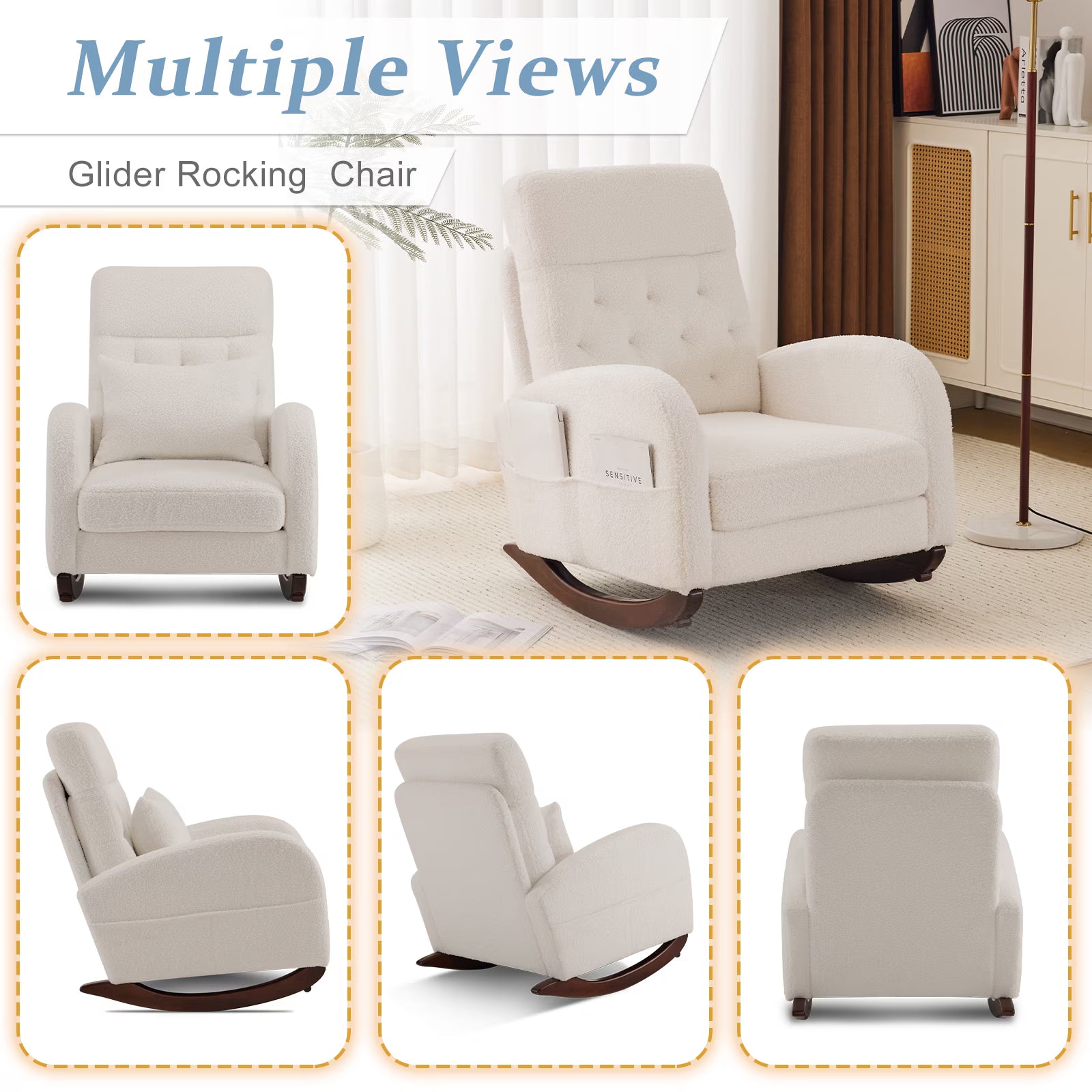 Solid Wood Lounge Chair with Side Pockets & Lumbar Pillow